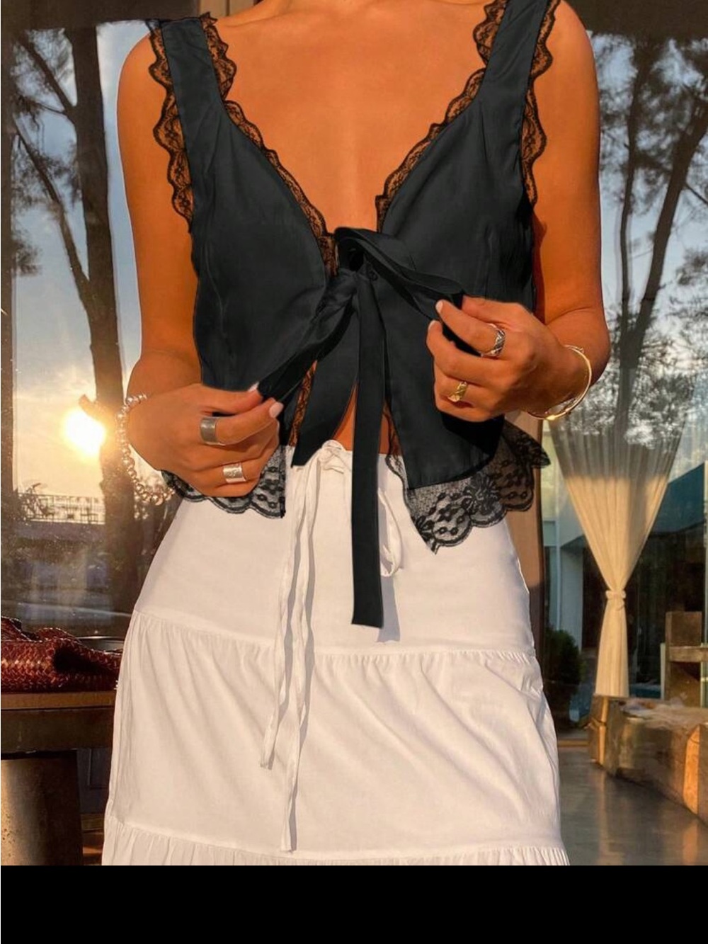 Lace-Trim Tie-Front Tank Top - Black